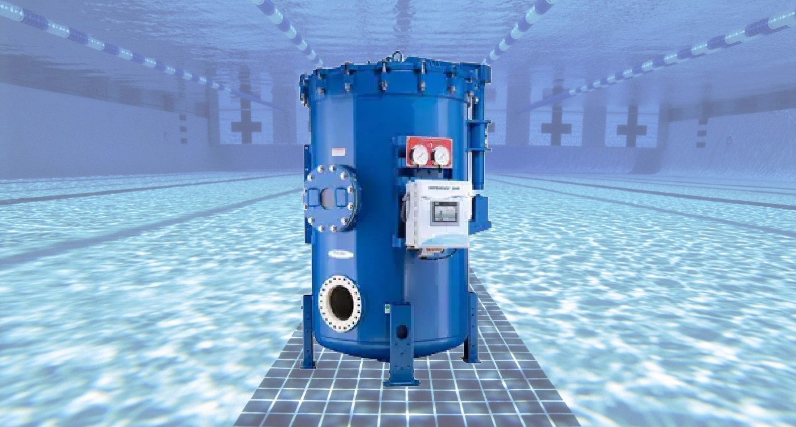 A Neptune Benson Defender media filter in a swimming pool.
